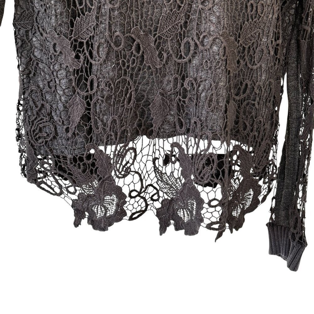Free People Pretty Rad Sweater Graphite Black Round Neck Crochet Lace Goth Med - Picture 7 of 15